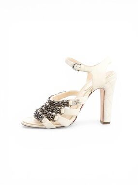 Chanel Lambskin Chain-Link Pearl Logo Sandals Size 38 US 8